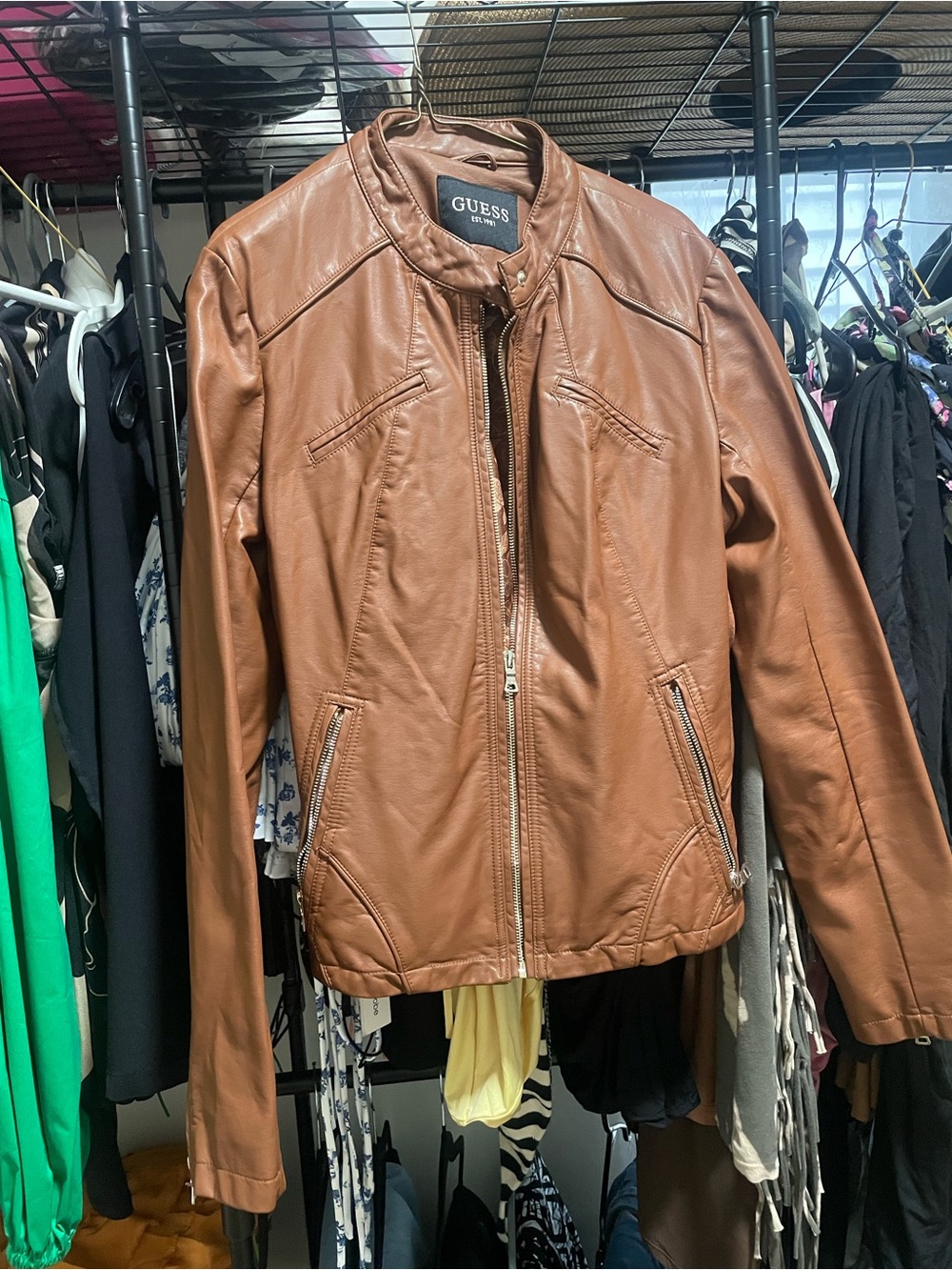 GUESS Women’s Cognac Brown Faux Leather Jacket
